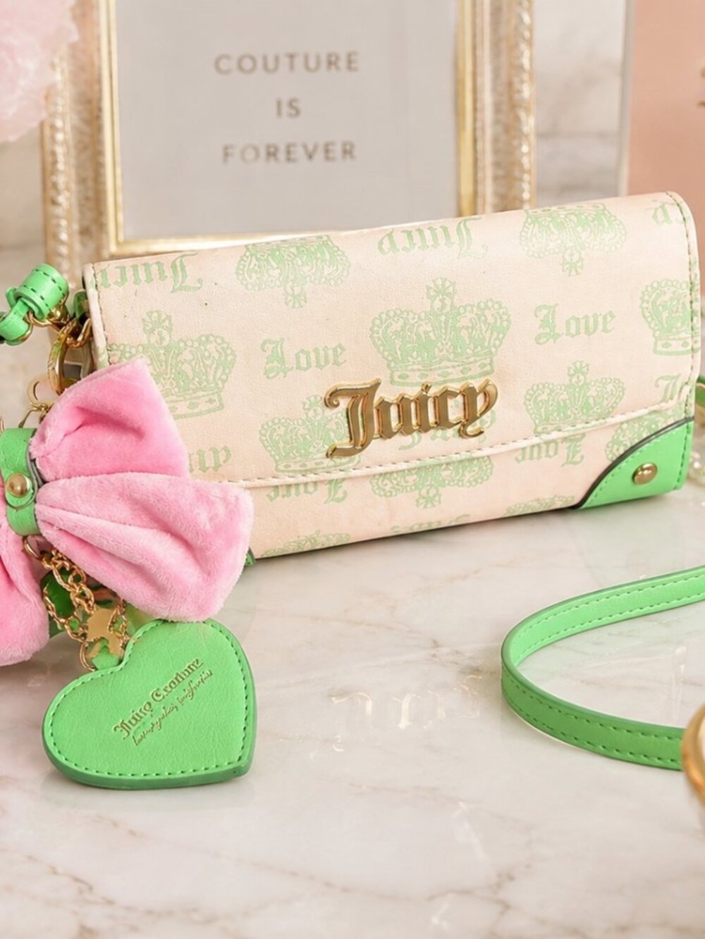 Juicy Couture Pink Green Crown Crossbody Bag Bow Charm NWT